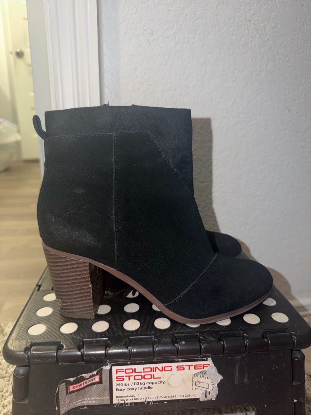 Toms Black Suede Stacked Heel Ankle Booties